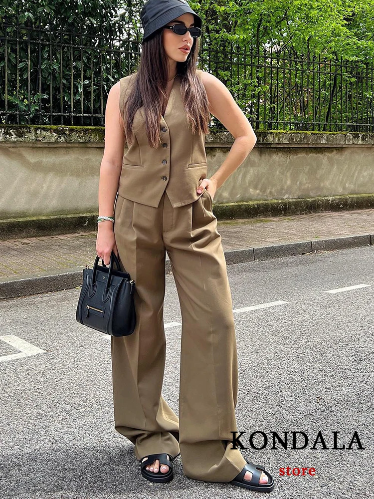 KONDALA Vintage Office Lady Fashion 2023 Solid Khaki Women Chic Suits Long Sleeve Oversized Blazer Slim Vest Wide Leg Mop Pants