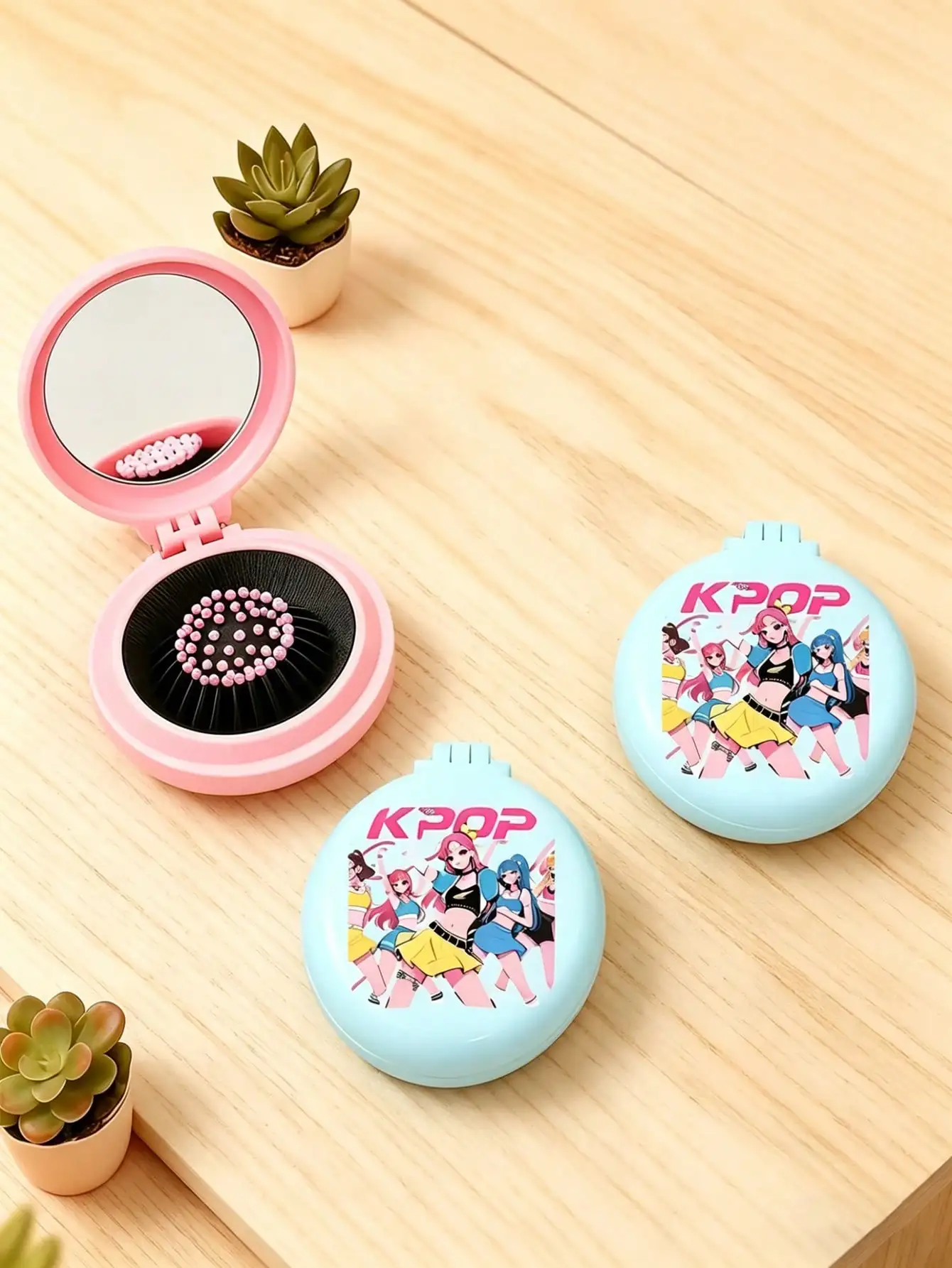

K-Pop Girl Group Printed Folding Comb With Mirror, Portable Compact 2-In-1 Makeup Mirror Comb, Mini Foldable Air Cushion Massage Comb For Women ,Girls, Mom, Suitable For Travel, Camping, Sports, Outdoor, Performances, Brush Hair, Multi-Function, Back To S