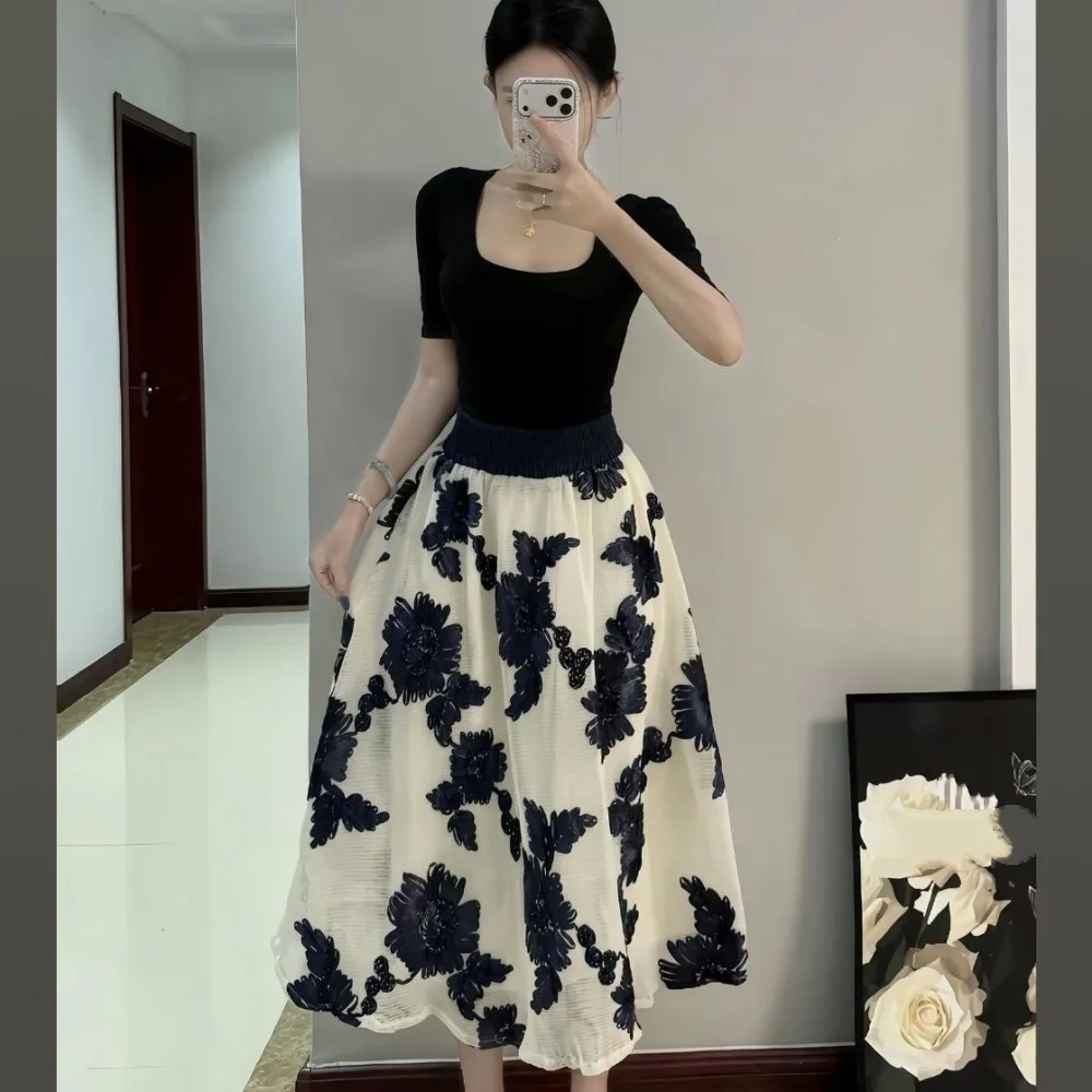 Women Niche Retro Blue White Tulle Midi Skirt Design Sense Navy Floral Embroidery High Waist A-Line Mesh Party Skirt