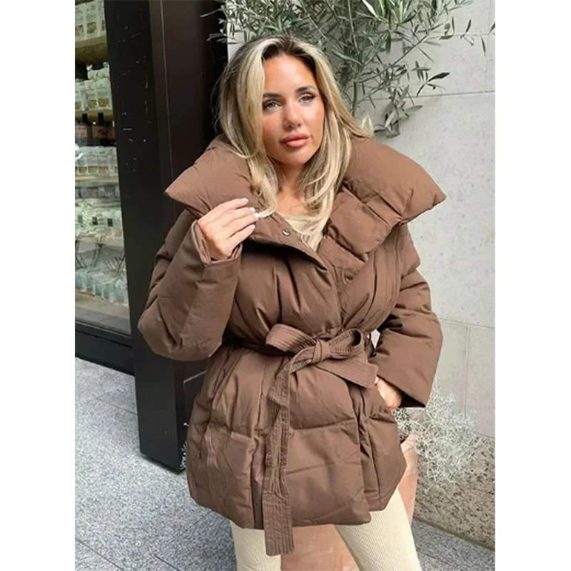 Women Solid Fashion Lapel Tie-up Cotton Coat Long Sleeved Waist Cinched Warm Loose Jacket Lady Casual Commute Winter Outwear 17 See4745b11ec94f52b6f0ea938fce9d2e1