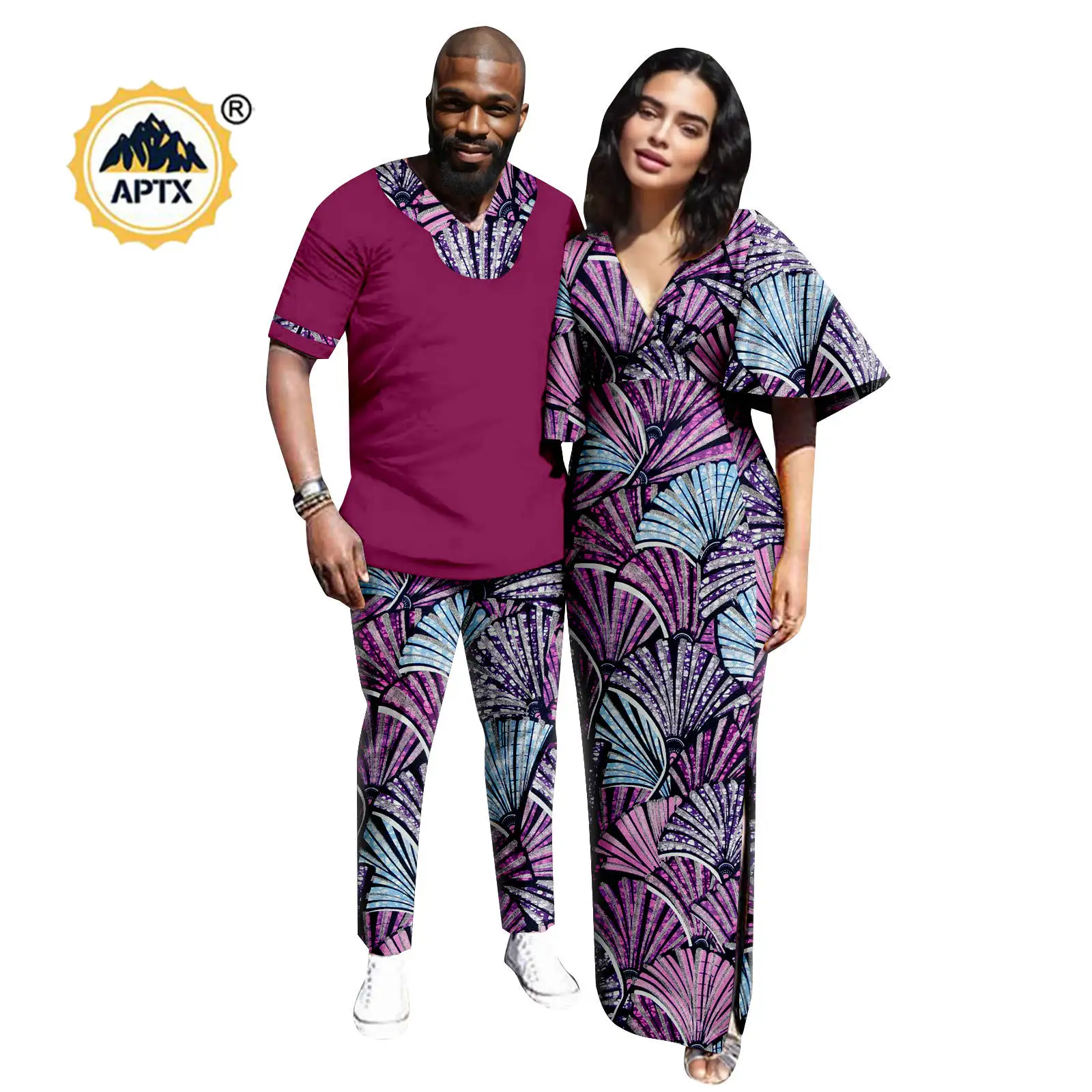 

African Ruffles Sleeve V-neck Dresses for Women Matching Couple Outfits African Clothes Dashiki Men Top and Pant Sets 25C090
