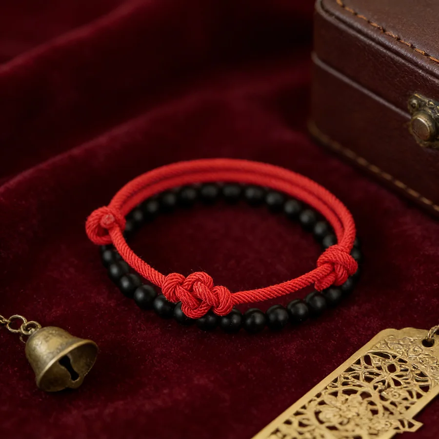 Neue 2 Teile/satz Chinesischen Knoten Glück Rot Armband Unisex Handgemachte Einstellbare Seil 6mm Onyx Stein Strang Armband Neue Jahr paar Joias