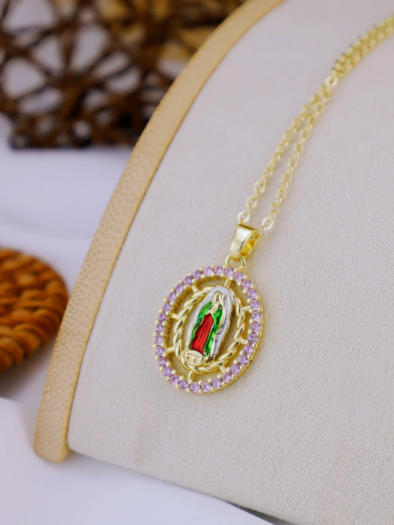 1 Piece Copper Inlaid Zircon Plated 14K Gold Virgin Mary Mother Pendant Women's Necklace