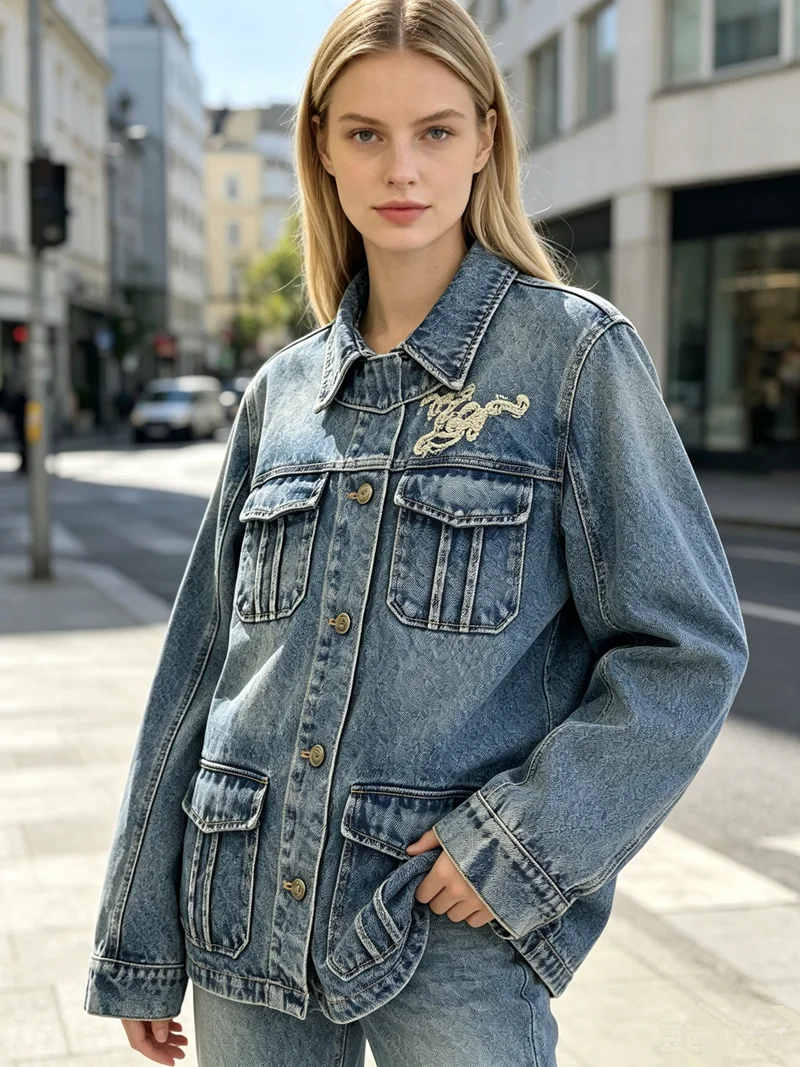 Women Vintage Washed Denim Jacket Lapel Multi Pocket Embroidery Letter Casual Short Jean Coat