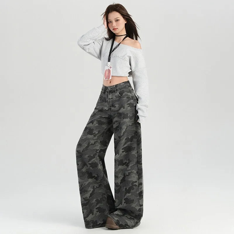 アメリカンスレスパイシーガール迷彩ハイウエストワイドレッグカジュアルパンツ女性夏の新しいハイストリート痩身フロアレングスパンツ