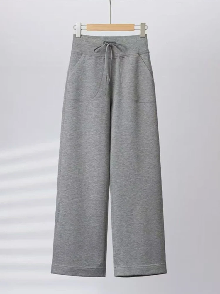 High Waist Fleece Lined Modal Knitted Yoga Pants Wide Leg Pants Women's Casual High Waist Elastic Polyester Fiber Warmth Trou...