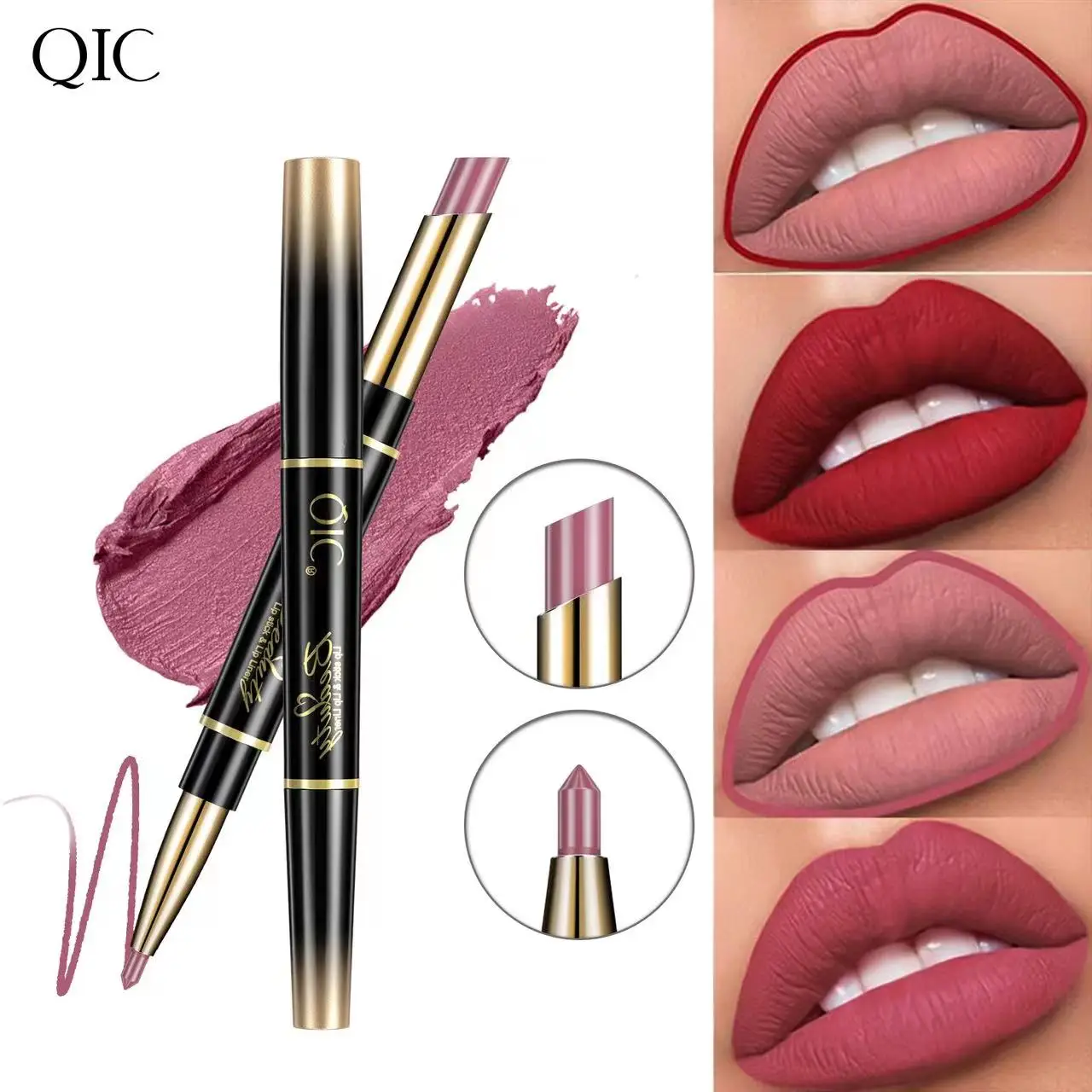 QIC Lipstick 2 in 1 lip liner lip pencil dual lip pencil waterroof with long rasting moist lipstick 2G rotating lip liner