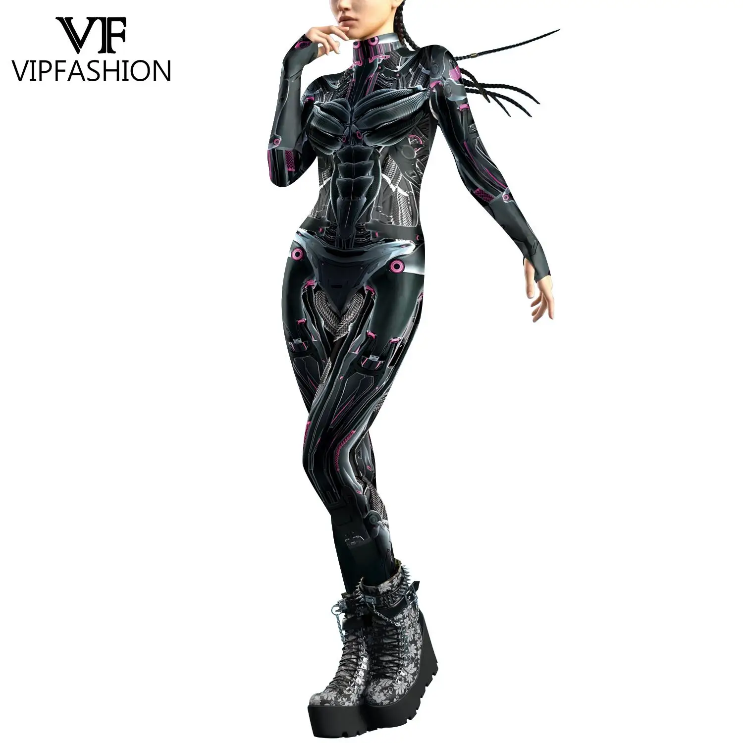 Vip Fashion Robot Zentai Pak Vrouwen Punk Cosplay Kostuum Gothic Print Jumpsuit Vakantie Feestkleding Voorkant Rits Zwarte Bodysuit