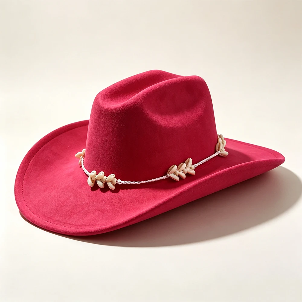 Bright Red Bohemian Cowgirl Hat Soft Suede Natural Cowry Shell Decor Strap Wide Brim Windproof Chin Cord Outdoor Holiday Party L