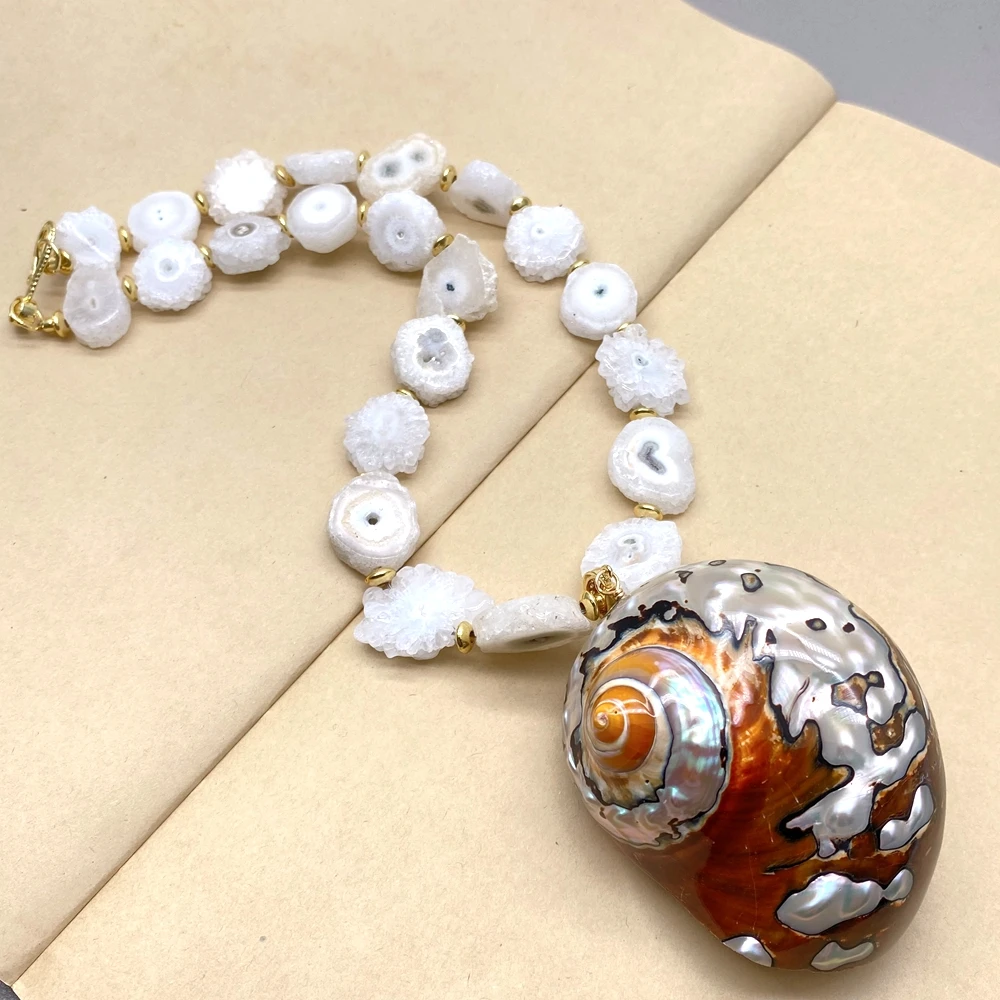 YYGEM Natural Shell Pendant Natural White Quartz Druzy Slice  Strand Statement Necklace Designer Women Collar Jewelry