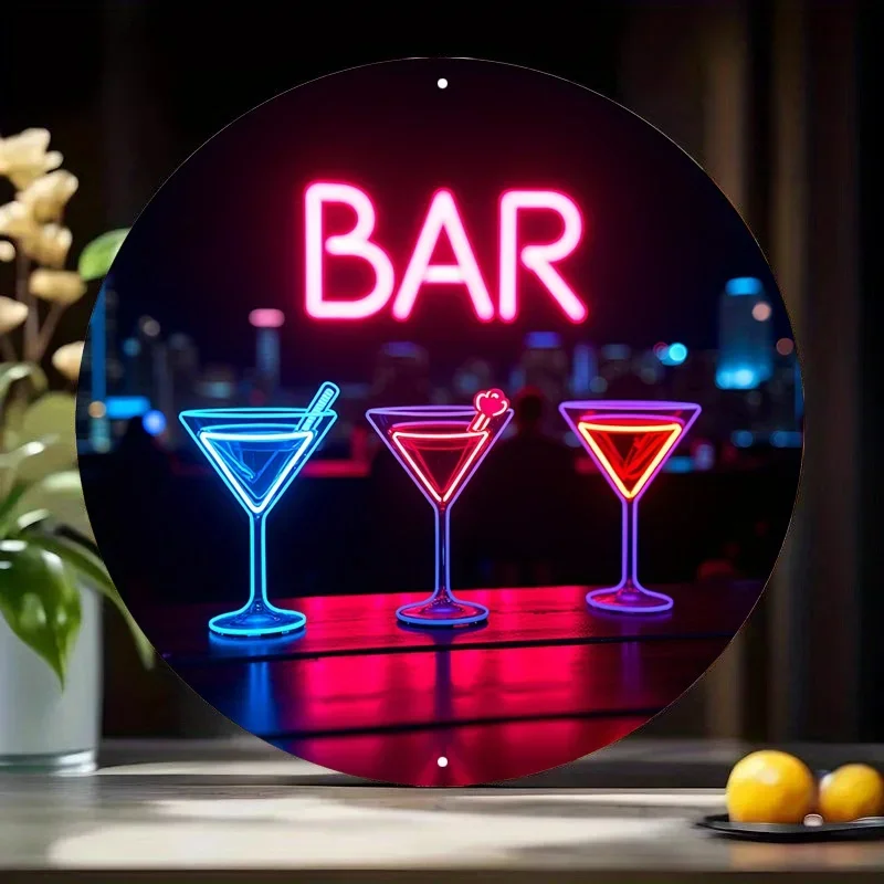 Vintage Neon Cocktail Bar Sign 2D Flat Aluminum Retro City Skyline Metal Art Colorful Glow Home Pub Cafe Wall Decor
