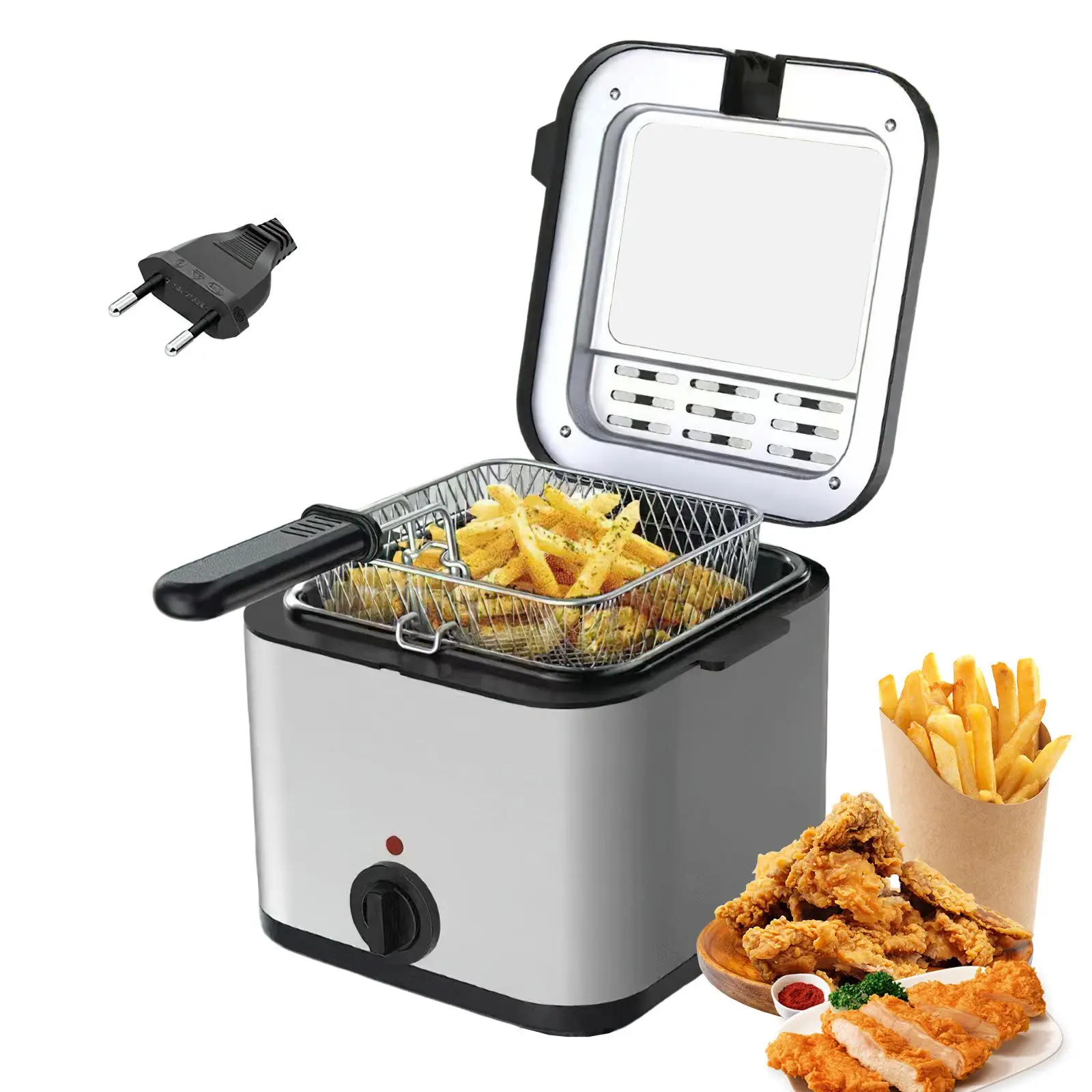 Freidora eléctrica de 2,5 L Freidora compacta de 1000 W 80-190 ℃   Máquina para patillas francesas con ventana transparente grande y temperatura ajustable