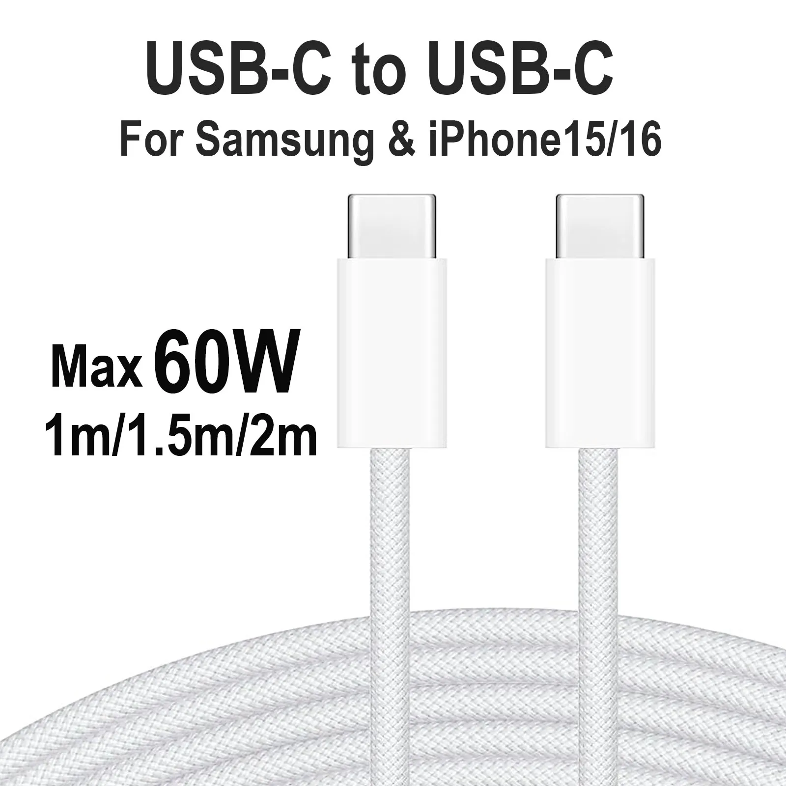 60W Nylon Braided USB-C to USB-C Fast Charging Cable for iPhone 16/15, Samsung S24/23/22, iPad Pro, Macbook Air/Pro.