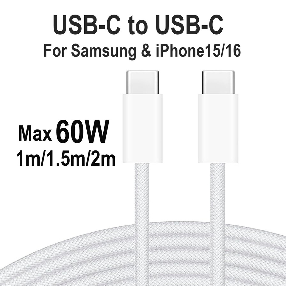  60W Nylon Braided USB-C to USB-C Fast Charging Cable for iPhone 16/15, Samsung S24/23/22, iPad Pro, Macbook Air/Pro. 