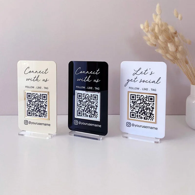 علامة أكريليك لرمز الاستجابة السريعة للوسائط الاجتماعية قابلة للتخصيص للشركات الصغيرة، تصميم عصري مثالي لإنستغرام فيسبوك مع الحد الأدنى