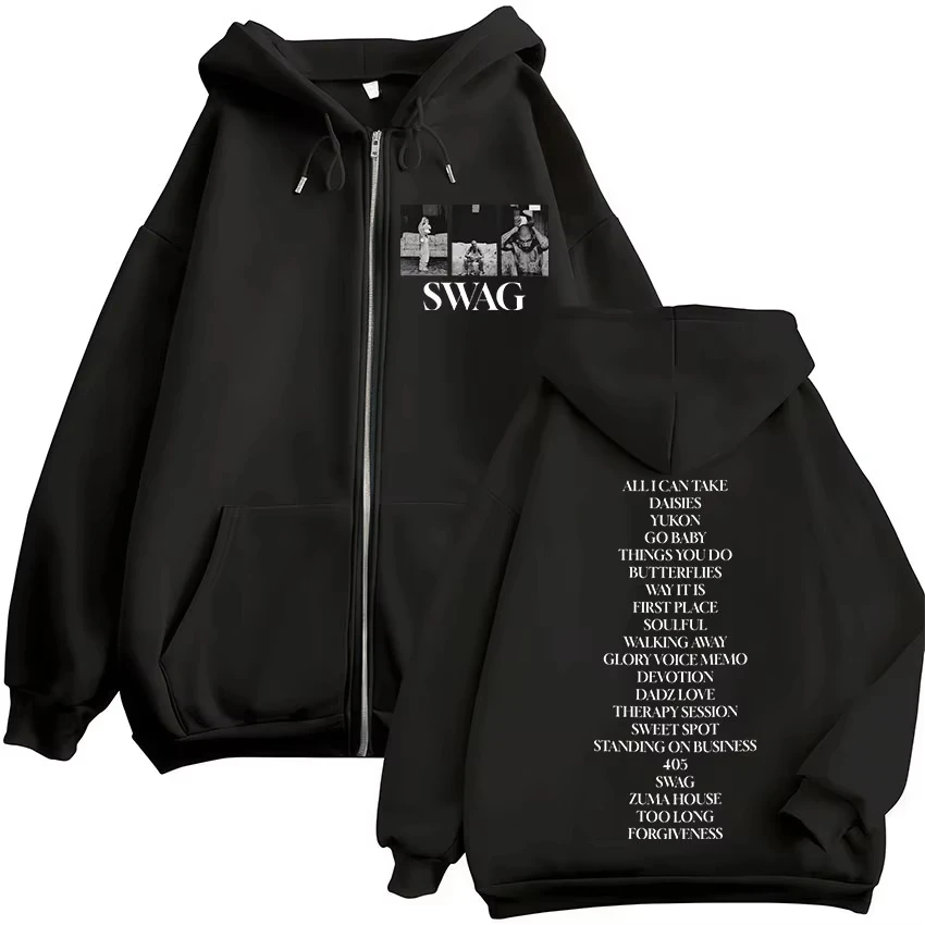 Rapper Justin Bieber SWAG Album 2025 Jaket Hoodie Zip Up Pria Pakaian Retro Oversized Jaket Sweatshirt Gaya Hip Hop Hoodie Resleting