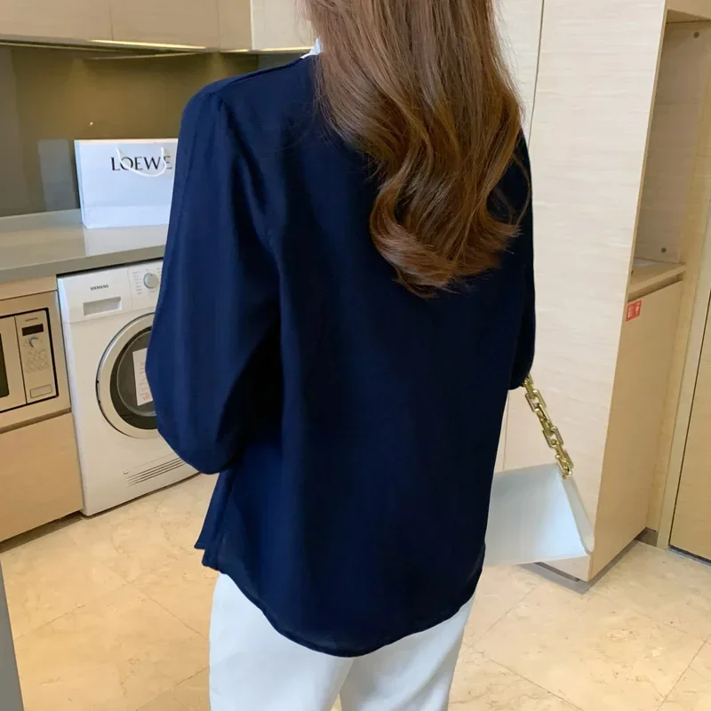 

Office Lady Blue White Patchwork Fashion Shirts Women Long Sleeve Loose All-match Blouse Button Vintage Top