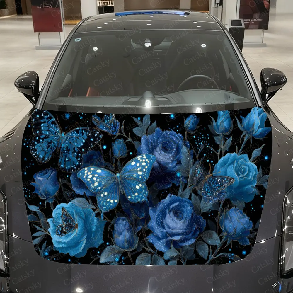 

Azure Butterfly & Rose Stardust Secret Realm Car Vinyl Wrap, PVC Material Waterproof Car Hood Sticker, Self-Adhesive Scratch-Res
