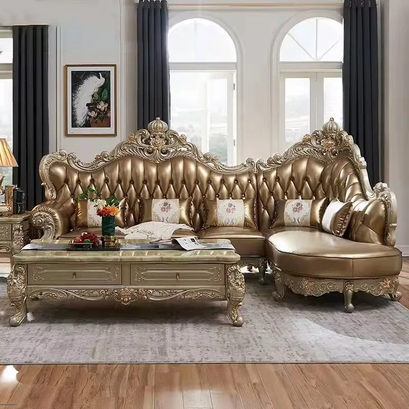 European-style Genuine Leather Sofa Set Top Layer Cowhide Luxury Living Room Corner Golden Solid Wood Carved Sponge Apartment