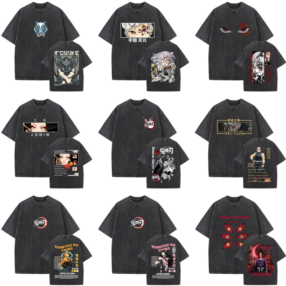 

Limited Anime Demon Slayer Washed Vintage T-shirts Men Women Japanese Cartoon Crewneck T-shirt Men's Casual Oversized T Shirts