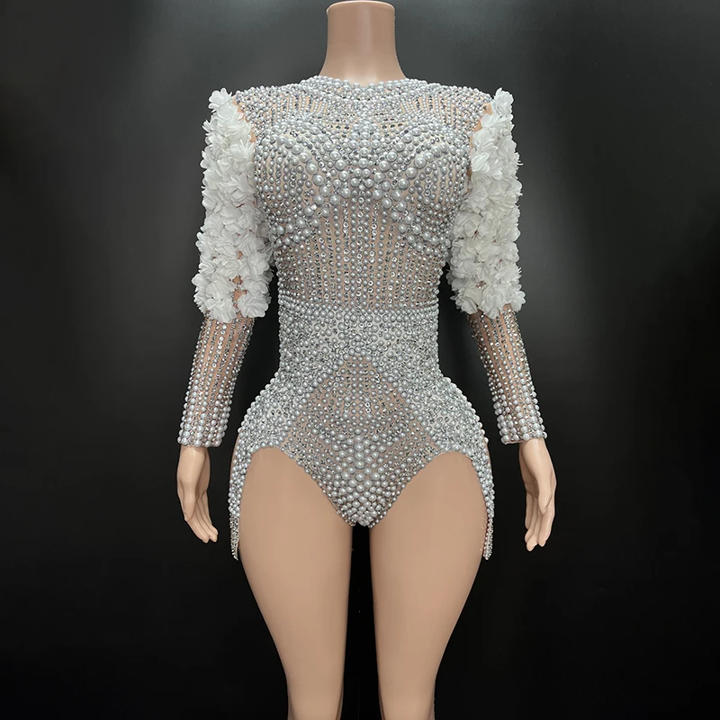 2024 luxurious Flashing Rhinestones Pearls Bodysuit Birthday Celebrate Dress DJ DS Bar Female Singer Show Wear Stretch Clothes