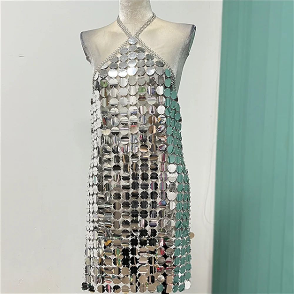 

Strap Backless Bandage Dress For Women Sequin hollowed-out fashion Metal dress