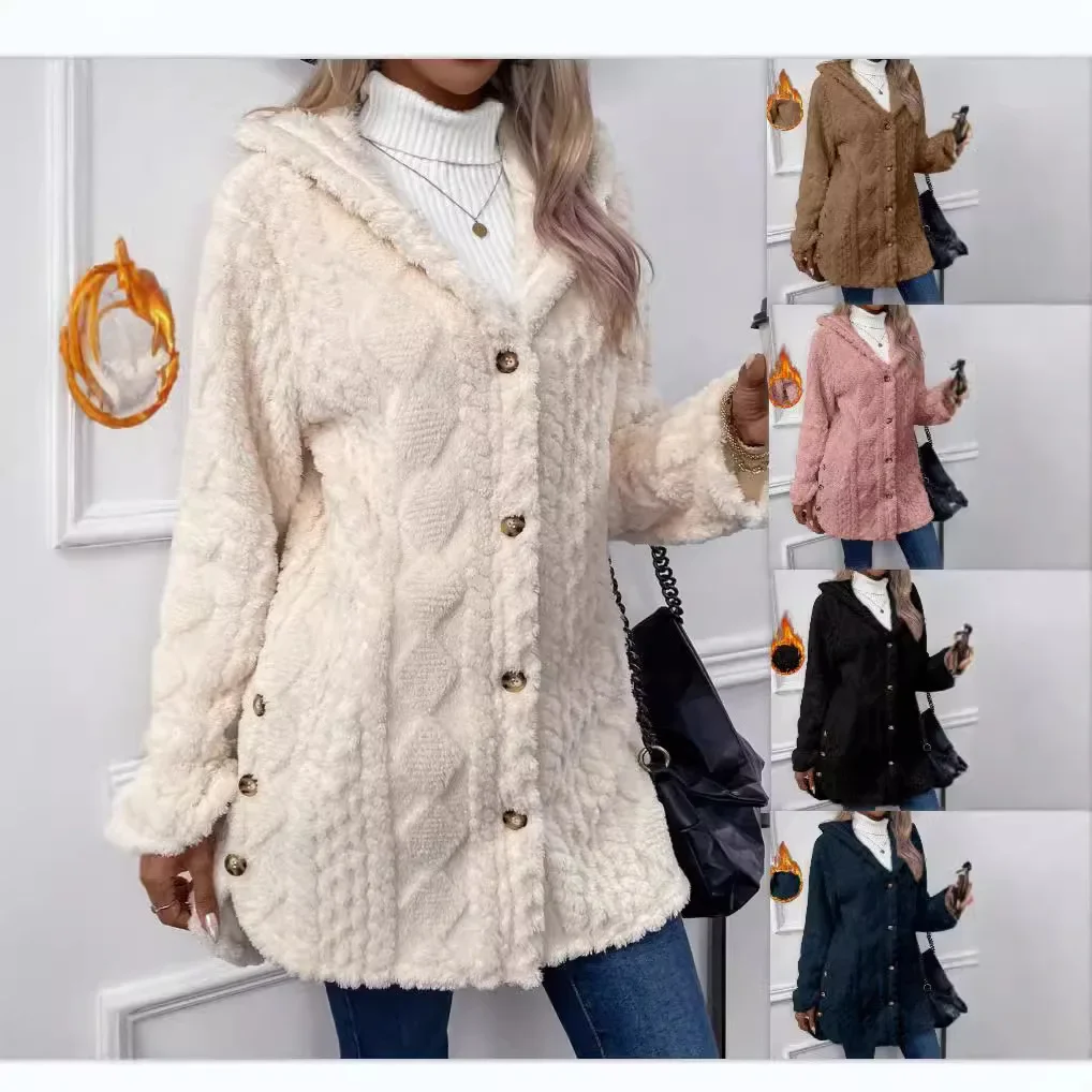 Women's Fleece Loose Coats Autumn Winter Female Button Side Split Long Sleeve Geometric Patchwork Soft Flurry Hooded Coats