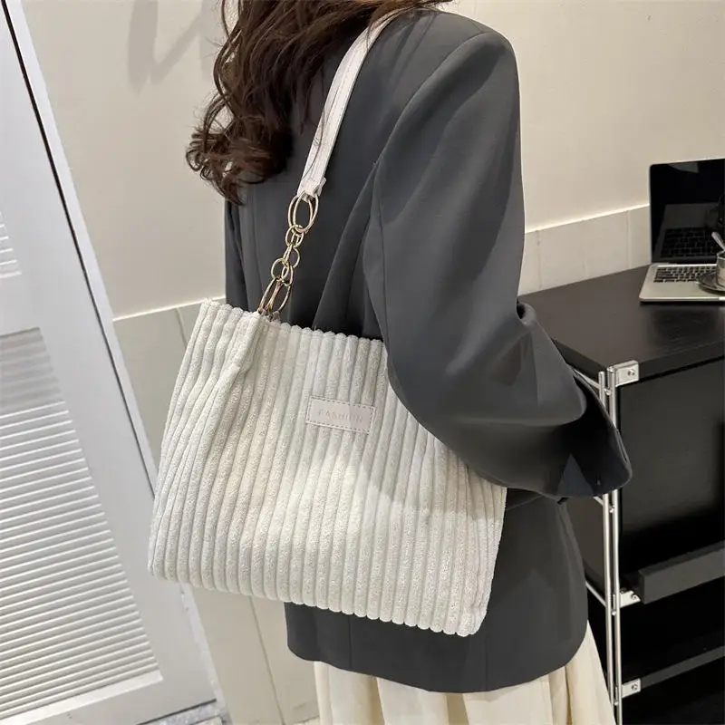 Fashion Corduroy Tote Bag Solid Color Shoulder Bag Women's Casual Handbag For Commute Work Shopper Totes Bag Large Capacity