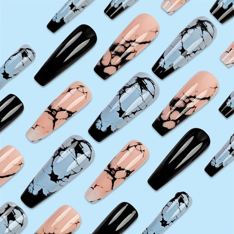 24 pièces de longs ongles carrés à pression, veines de marbre bleu noir sur base noire solide |   Style gothique moderne