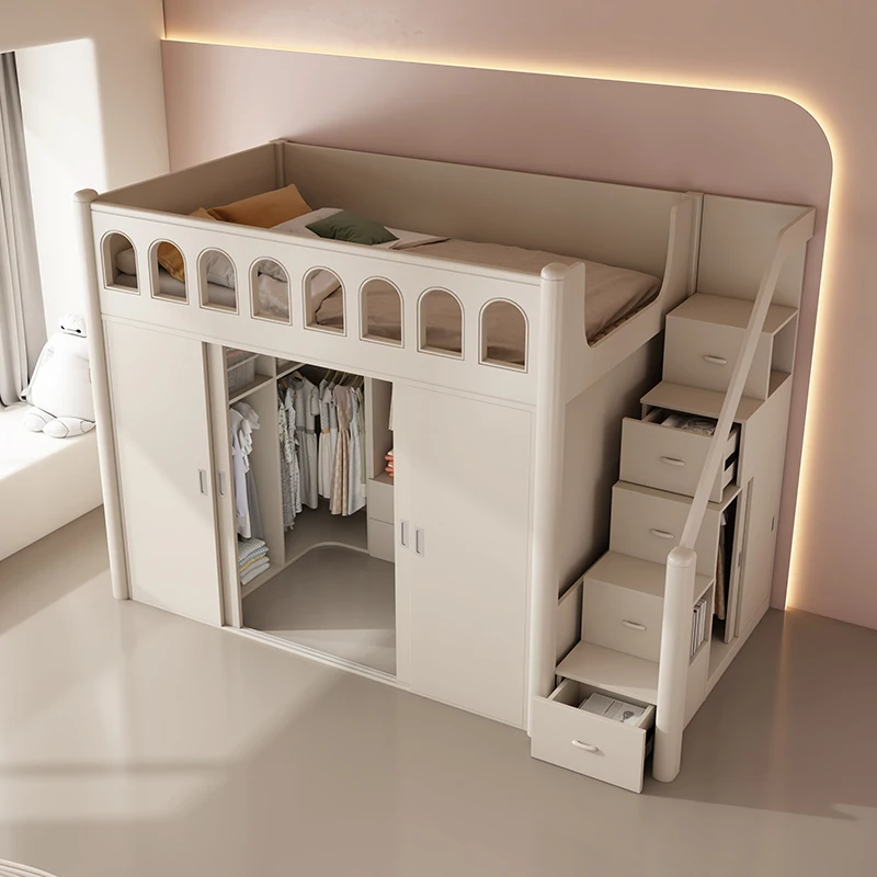 Upper bed, lower cabinet, lower empty combination bed, desk, wardrobe integrated, small apartment children's bed, walk-in closet