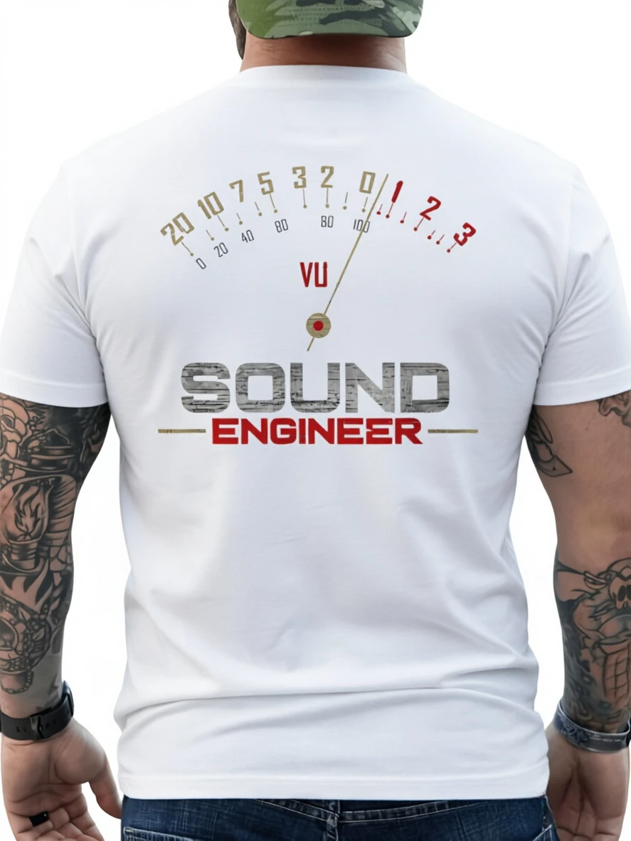 Top PickMen's Sound Engineer Vu Meter Graphic T-Shirt Black with Red Audio Meter Design Sound Level Meter Gauge