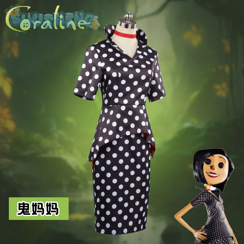 Coraline Costume Cosplay Abito sexy con gonna corta Abito Festa di Halloween Spaventoso Fantasma Mamma Caroline Taglia femminile adulta S-XXXL