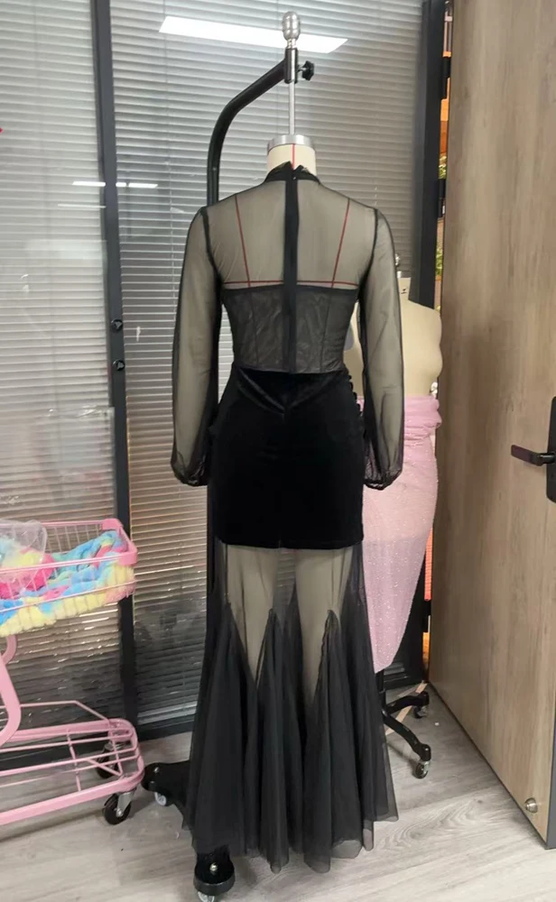 Sexy durchsichtige Abendkleider, flauschige lange Ärmel, Stehkragen, Meerjungfrau-Abschlussballkleid für afrikanische Frauen, Illusions-Geburtstagskleider für Mädchen