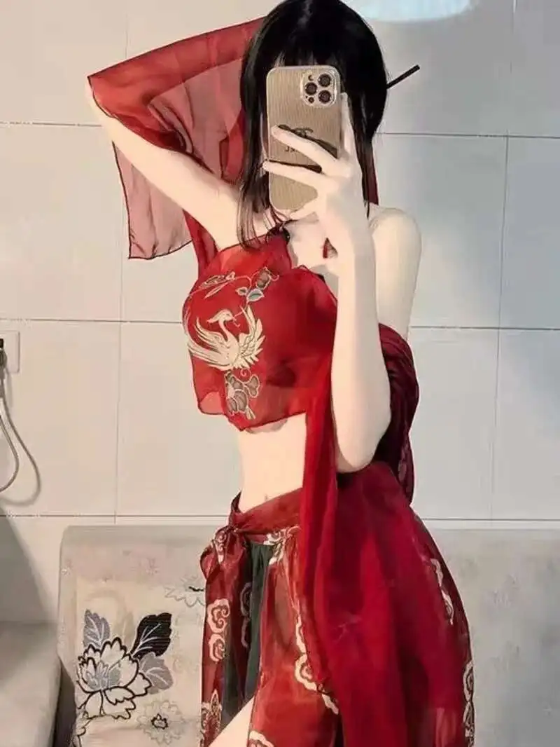 نمط جديد الملابس الداخلية المثيرة مع الشيفون الأحمر المطبوعة العتيقة نمط حزام البطن مجموعة الرغبة النقية Hanfu ملابس خاصة السرير الامتناع عن ممارسة الجنس 19N4 #3