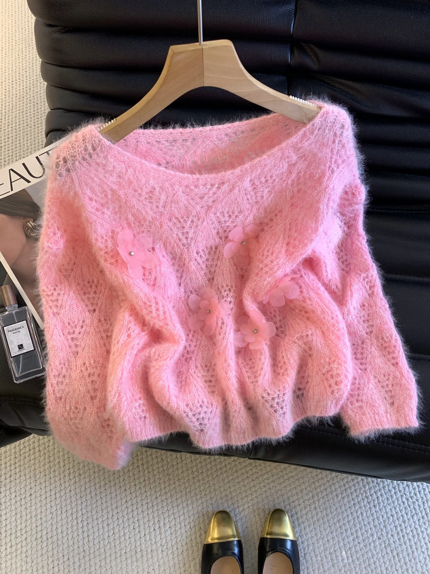 

Розовый мягкий вязаный свитер из мохера, женский осенне-зимний новый вязаный длинный свитер с цветочным принтом 3D Sve Crew Ne, ленивый роскошный ...