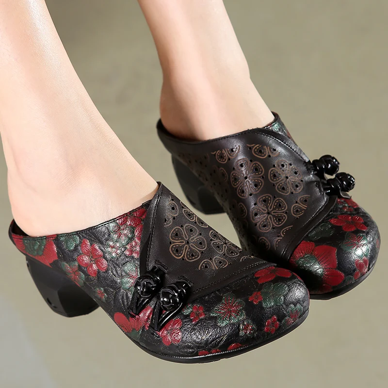 

5cm Women Chunky Heels Genuine Leather Ladies Flats Ethnic Fashion Designer Print Summer Elegance Sandal Slippers Strange Shoes