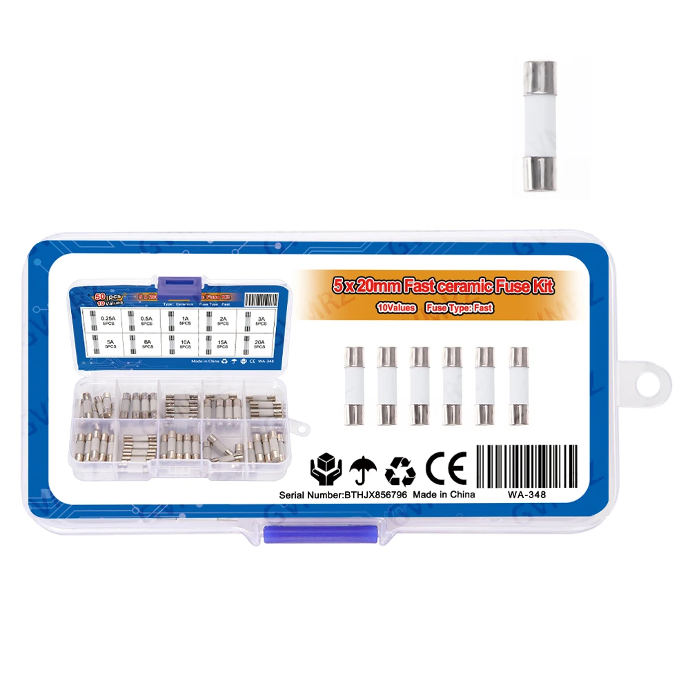 50PCS 5x20mm Ceramic Tube Fuse Assorted Kit Amp 0.25A 0.5A 1A 2A 3A 5A 250V with Storage Box  8A 10A 15A 20A Component