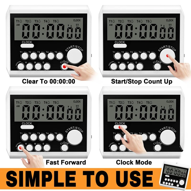 Temporizador de cocina digital de 5 canales, modo de reloj con pantalla LCD grande, temporizador de cocina, alarma de volumen fuerte y luz intermitente