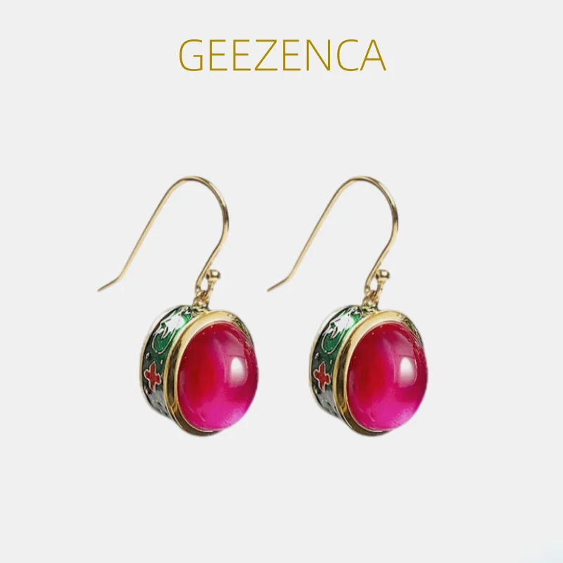 

Vintage 925 Sterling Thai Silver Jewelry Oval Red Corundum Enamel Firing Drop Earrings Ethnic Retro Gemstone Women's Earring