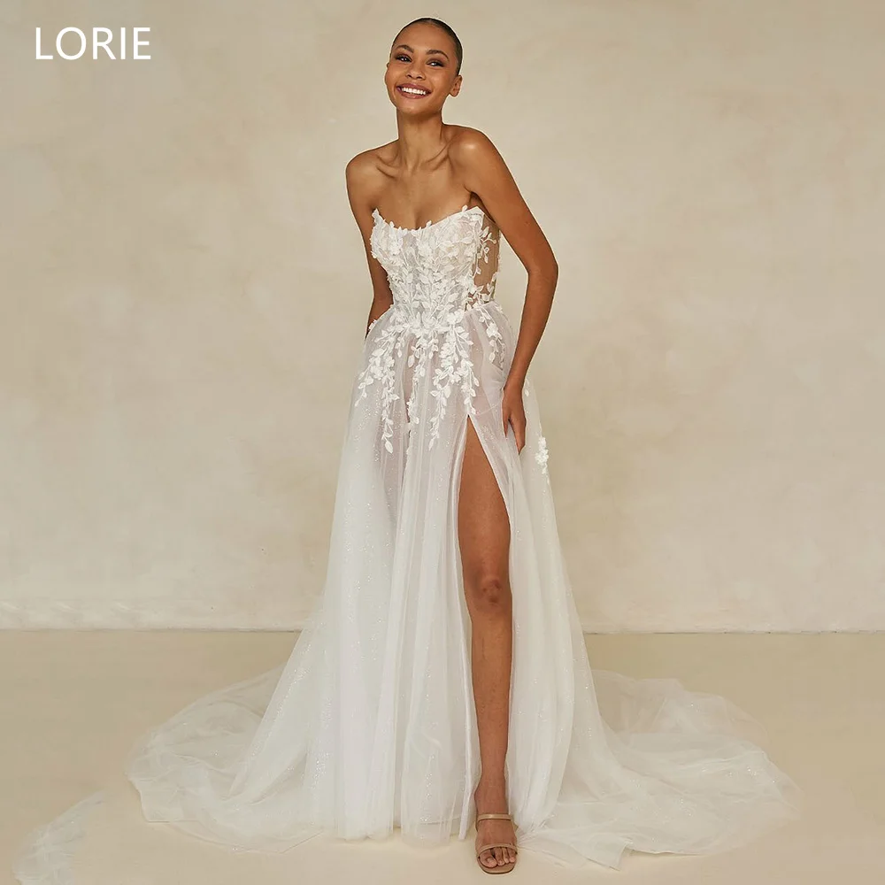 

LORIE Exquisite Wedding Dresses Strapless Side Slit Appliques A-Line Bride Prom Gown Floor-Length Bridal Gowns Customized