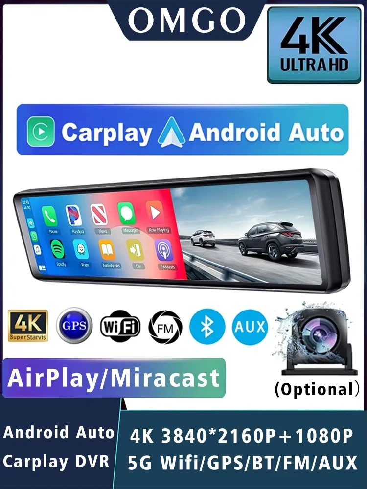 11.26 "4K 2160P Auto Dvr Carplay Android Auto Dash Cam GPS WIFI BT FM Stream Achteruitkijkspiegel Dashcam Dvrs Camera Drive Recorder - afbeelding 2