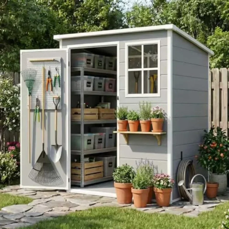 5x3 FT storage shed with floor for backyard use, weather-resistant resin material, gray color, rust-proof and low-maintenance d