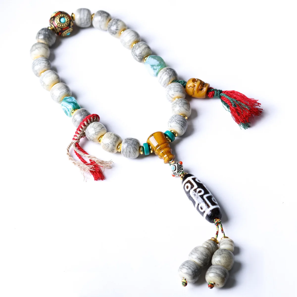 Tibetan Style Cracked Yak Bone Bucket Beads Handheld Nine Eye Dzi Beads Prayer Beads Lucky Bracelet for Meditation Gifts