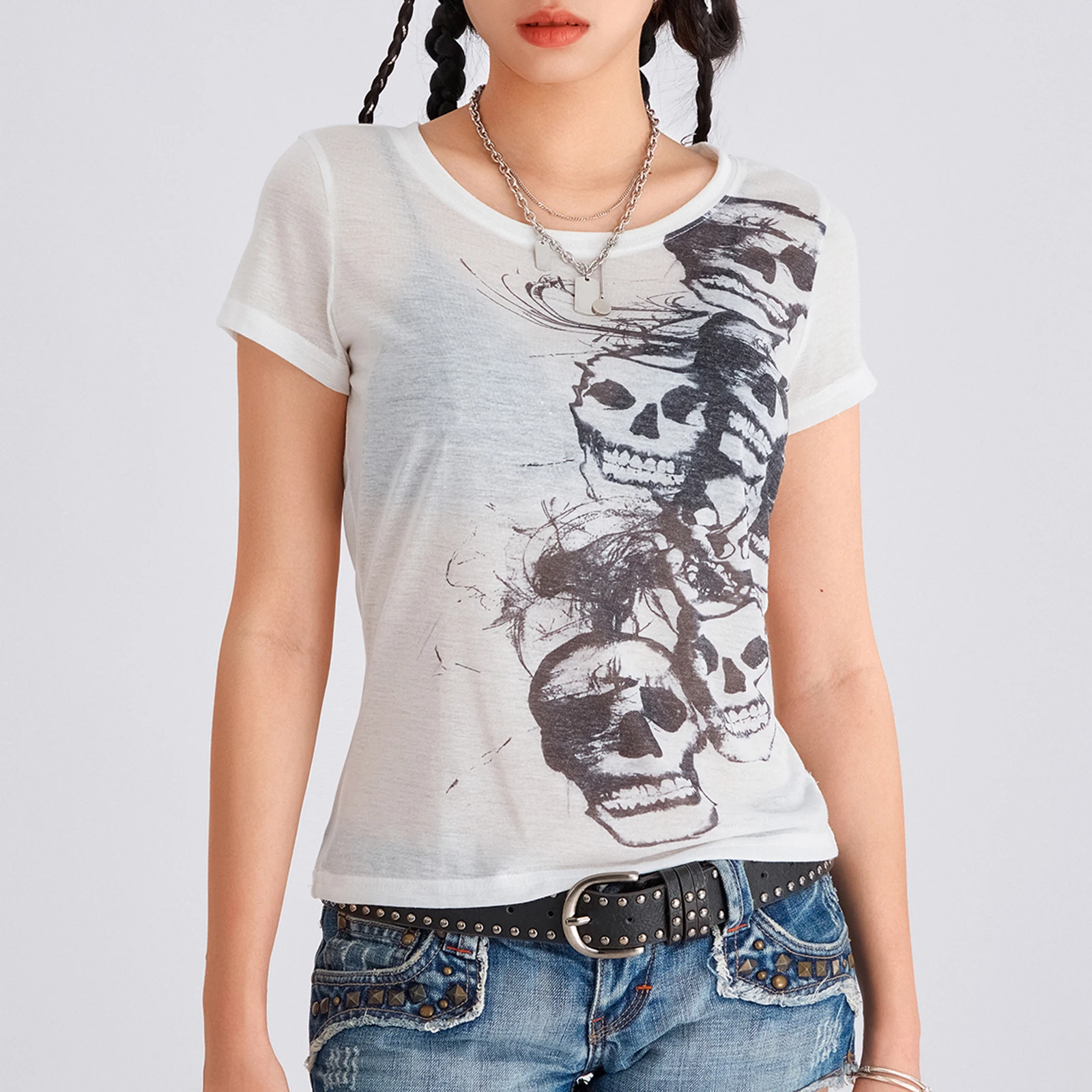 T-shirt Gothique à Manches Courtes pour Femme, Haut Court Transparent, Chemises Grunge, Baggy, Harajuku, Vintage, Emo, Y2k