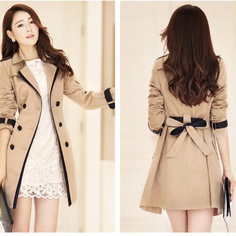 

Korean Sle Slimming Spring Autumn Women's Coat Medium Length eBay Outerwear Wi Long Sve Double Breasted Color