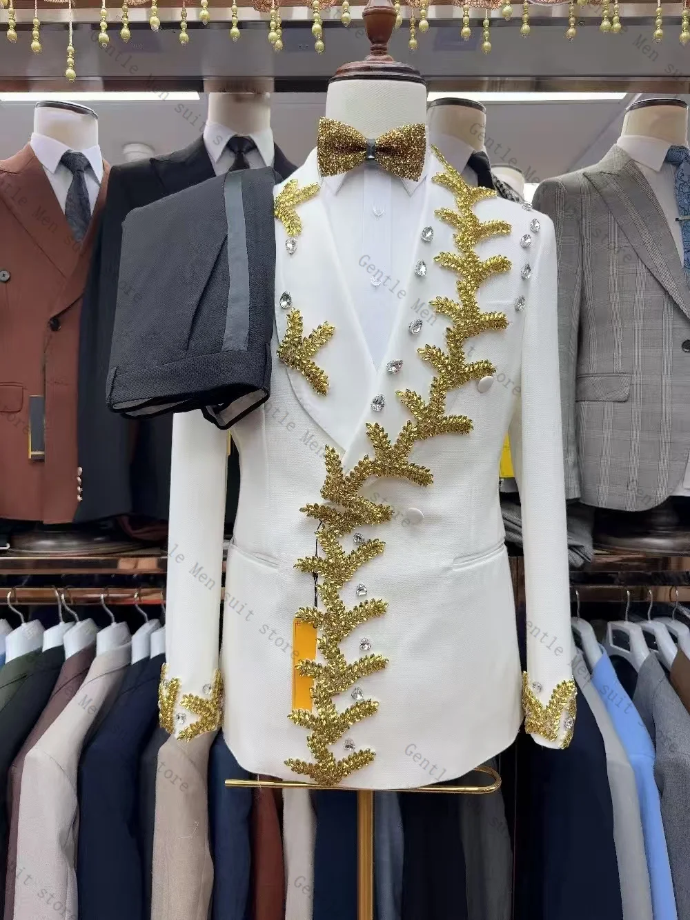 Conjunto de terno masculino com contas douradas, 2 peças, blazer + calças pretas, smoking de casamento, jaqueta formal de escritório, casaco de baile personalizado