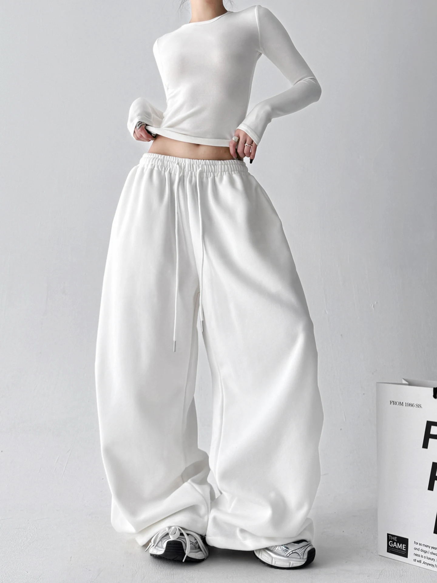 Witte hoge taille danssportbroek dames casual losse legging broek elastische taille wijde broek lente herfst nieuwe collectie