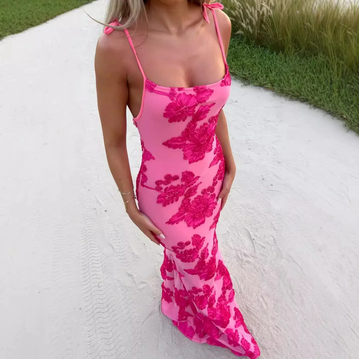 

Jacquard Spaghetti Strap Long Dresses Women Fashion Sexy Package Hip Slim Party Dress Temperament Elegant Lady Banquet Vestidos