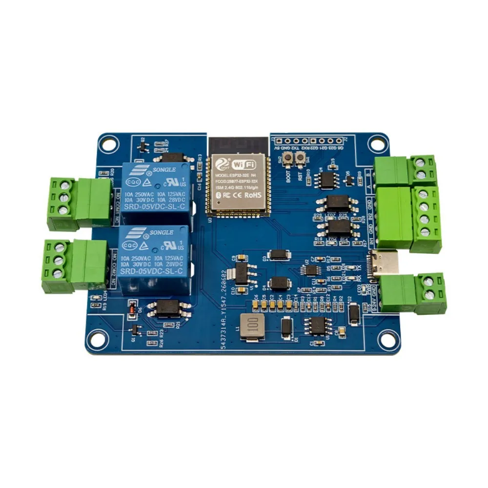 ESP32 2 Channel Relay RS485 Modbus Module 2IN 2OUT Optocoupler Isolation WiFi BT CH340 Type-C & 7-24VDC Dual Power Supply