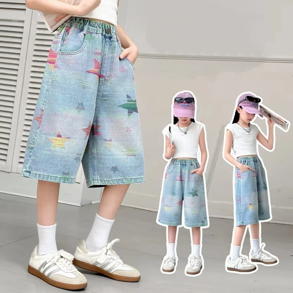 New Girls' Summer Thin Colorful Knee-Length Denim Shorts Kids Five-Pointed Star Print Short Girls' Loose Casual Short 4-14Years